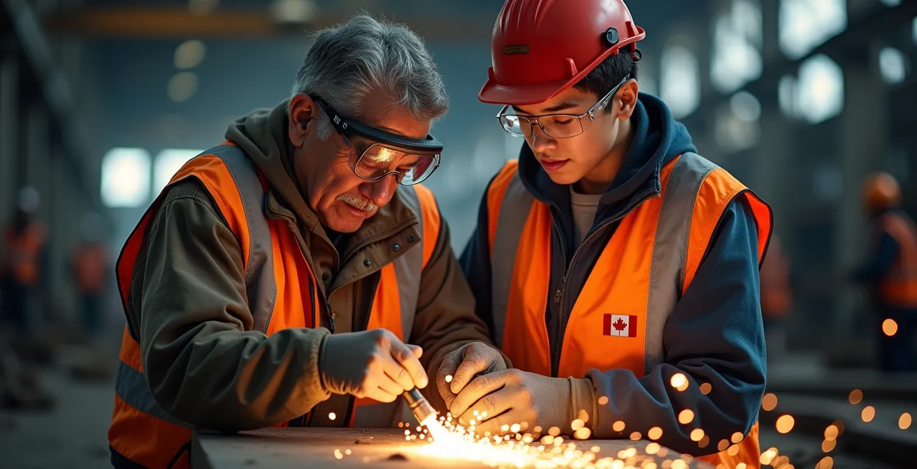 Mentor expérimenté guidant un apprenti soudeur sur un chantier canadien