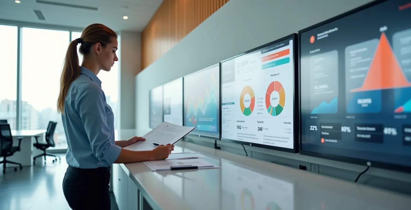 Vue minimaliste d'un espace de travail moderne avec tableaux de bord de performance abstraits