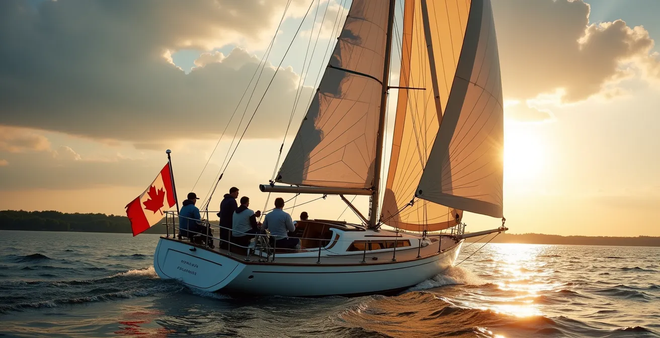 Équipage ajustant les voiles d'un voilier sur le fleuve Saint-Laurent pour s'adapter au vent changeant.