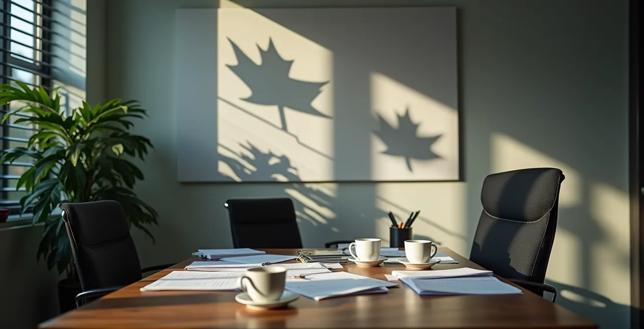 Bureau moderne avec mur affichant des mots flous en arrière-plan et premier plan montrant un espace de travail désorganisé