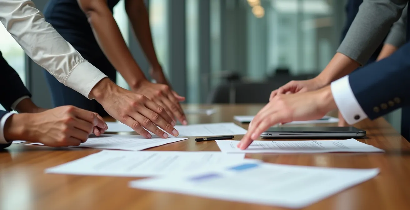 Table de négociation avec documents et mains diverses en discussion respectueuse, ambiance professionnelle