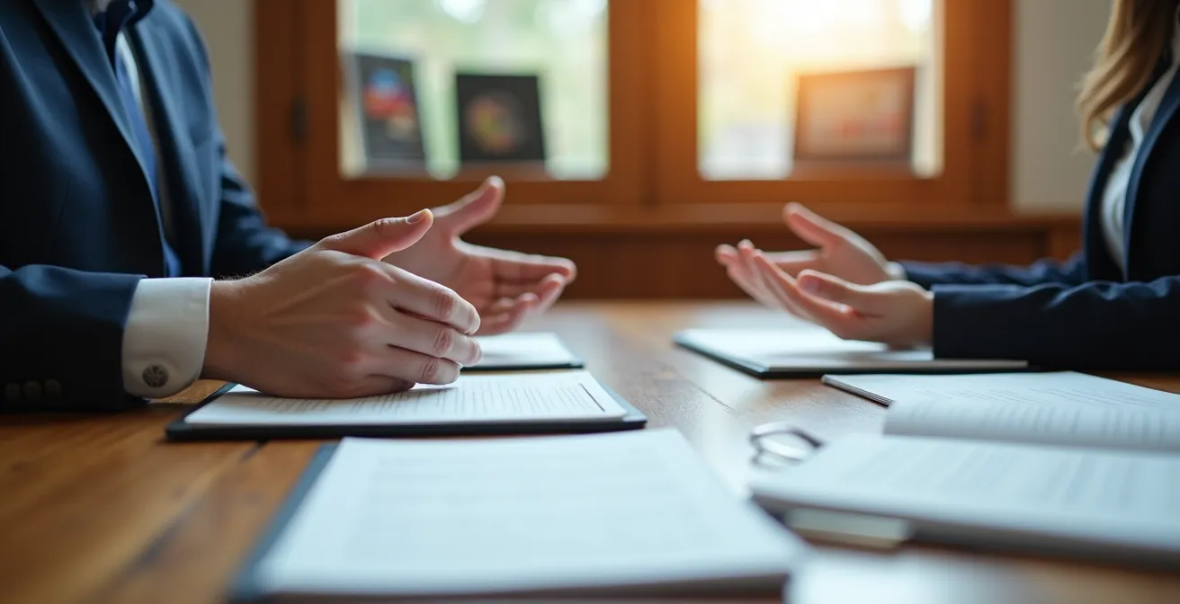 Deux professionnels en négociation autour d'une table de conférence avec vue sur le centre-ville
