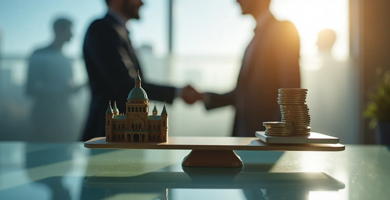 Bureau gouvernemental canadien avec formulaires fiscaux et calculatrice dans un environnement de négociation formelle