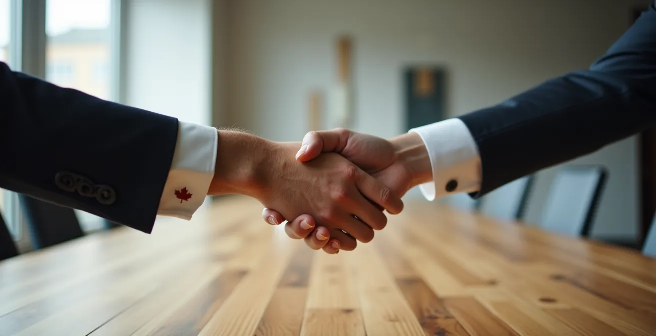 Poignée de main professionnelle symbolisant un partenariat stratégique dans l'industrie canadienne