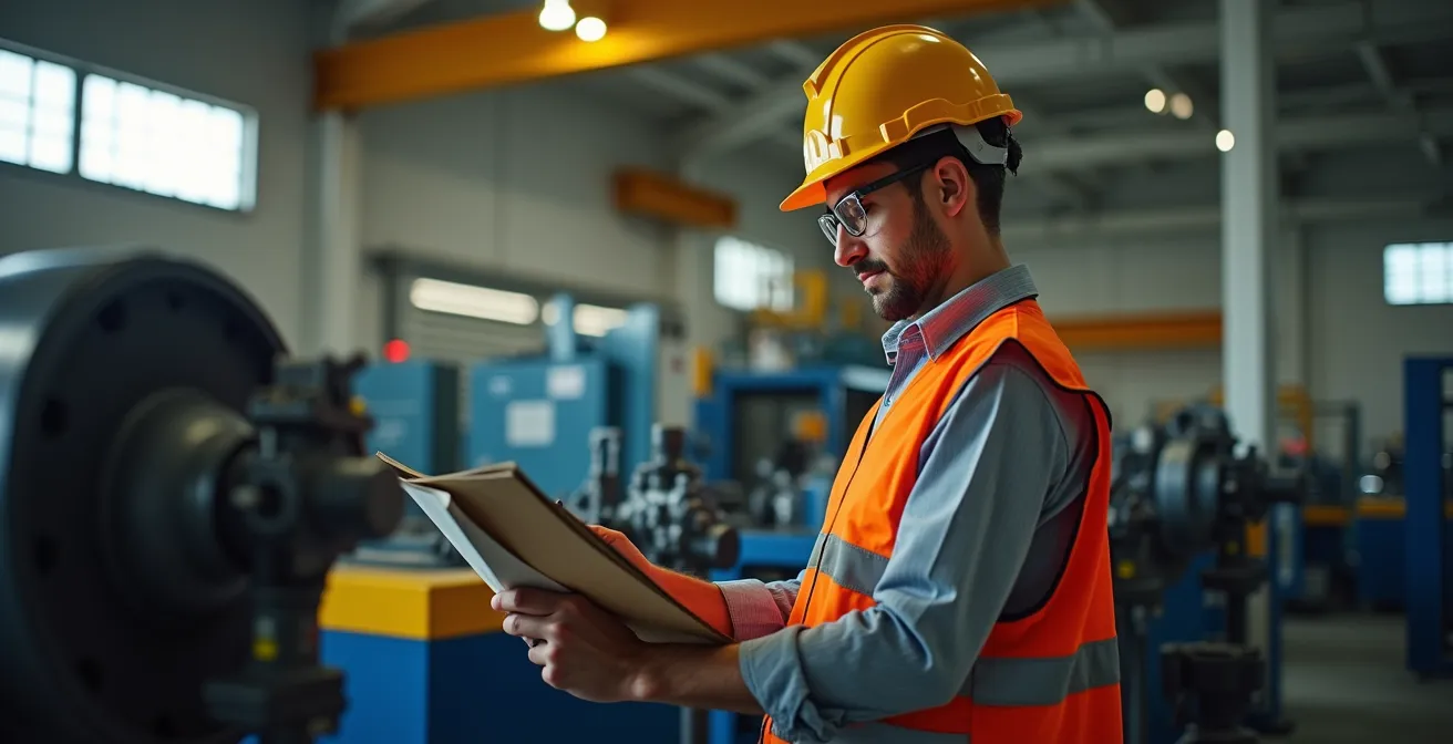 Opérateur effectuant une inspection visuelle de maintenance préventive sur un équipement industriel