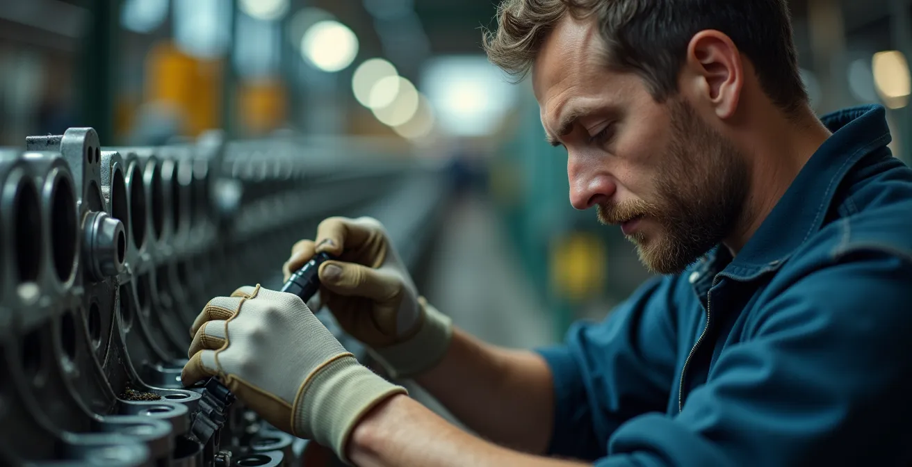 Travailleur en combinaison de travail examinant des pièces métalliques dans une usine automobile canadienne avec équipement industriel en arrière-plan