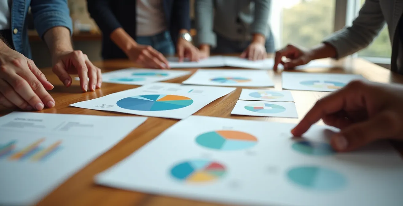 Gros plan sur des mains organisant des documents de candidature avec éléments visuels de graphiques et stratégies