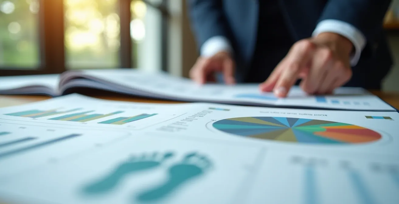 Vue macro détaillée d'un processus de documentation ESG avec graphiques et rapports sur bureau d'analyse