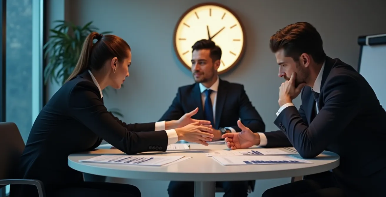 Équipe de direction PME en processus de décision rapide autour d'une table de réunion