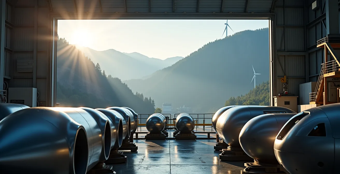 Usine aéronautique moderne alimentée par l'hydroélectricité avec turbines en arrière-plan