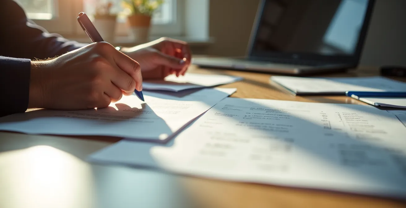 Espace de travail sécurisé avec documents de notification organisés sous lumière tamisée