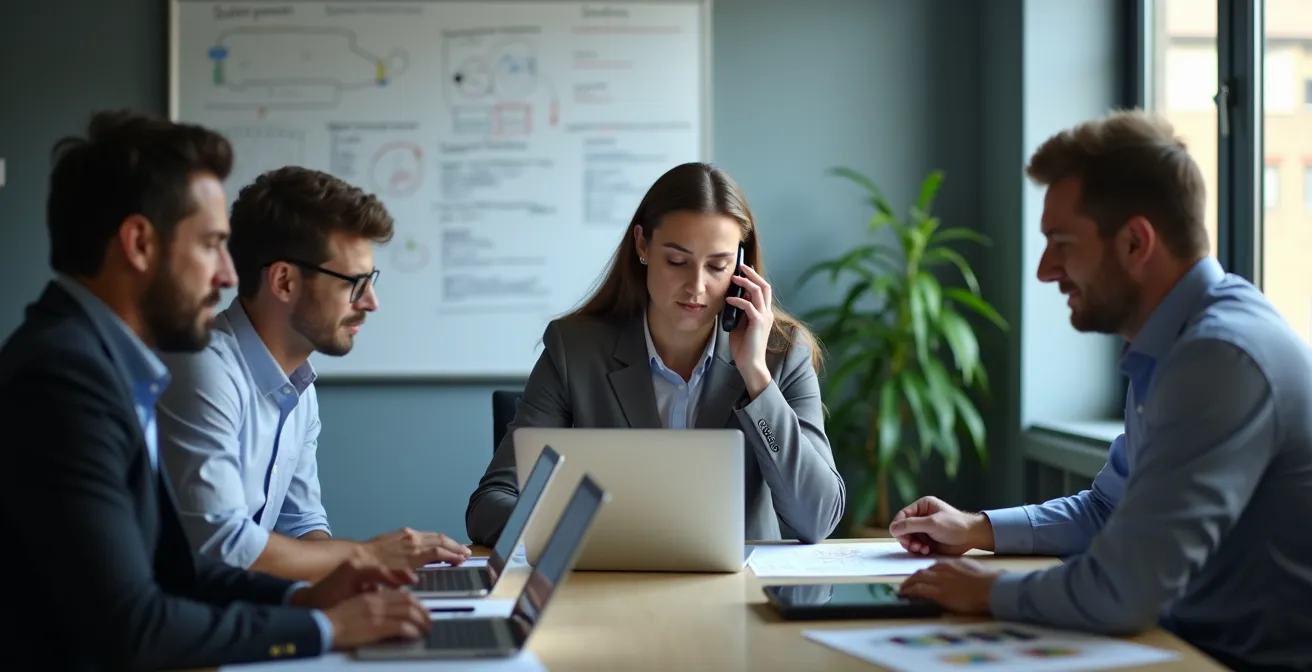 Centre de commande de crise avec écrans de monitoring et équipe coordonnant la réponse à un incident de sécurité