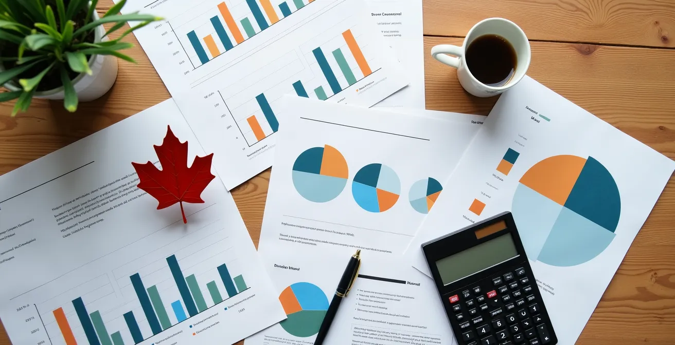 Vue en plongée d'une table de travail avec documents financiers abstraits, calculatrice et graphiques colorés sans texte lisible