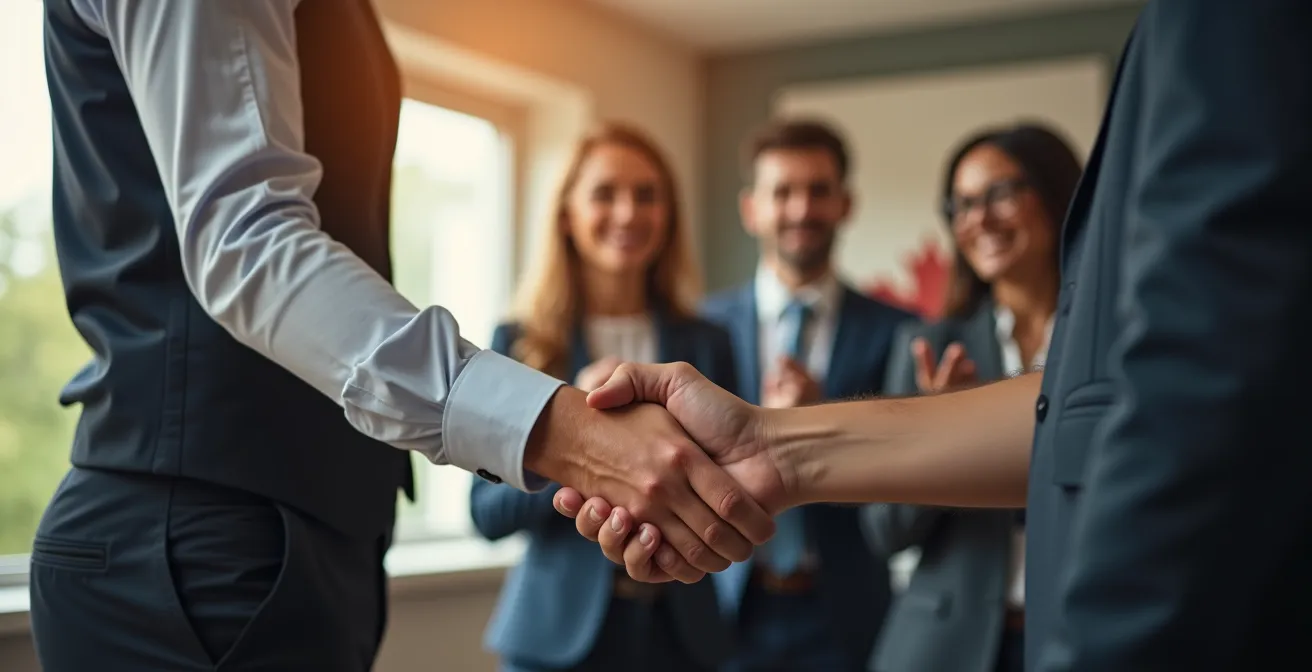 Manager remettant une reconnaissance symbolique à un employé entouré de collègues souriants dans un environnement de bureau canadien