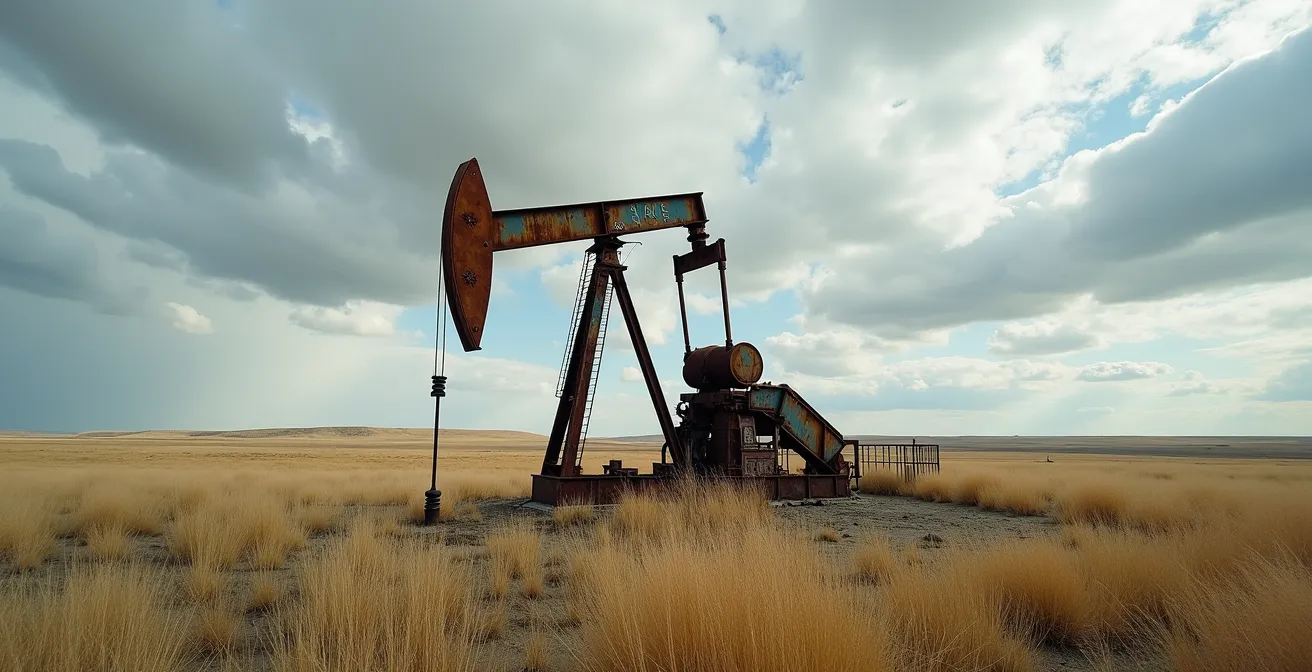 Site pétrolier en cours de réhabilitation dans les prairies albertaines avec végétation qui reprend ses droits
