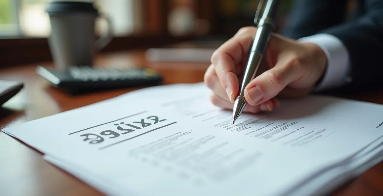 Gros plan sur une main signant un document commercial sur un bureau en bois avec calculatrice et dossiers flous en arrière-plan