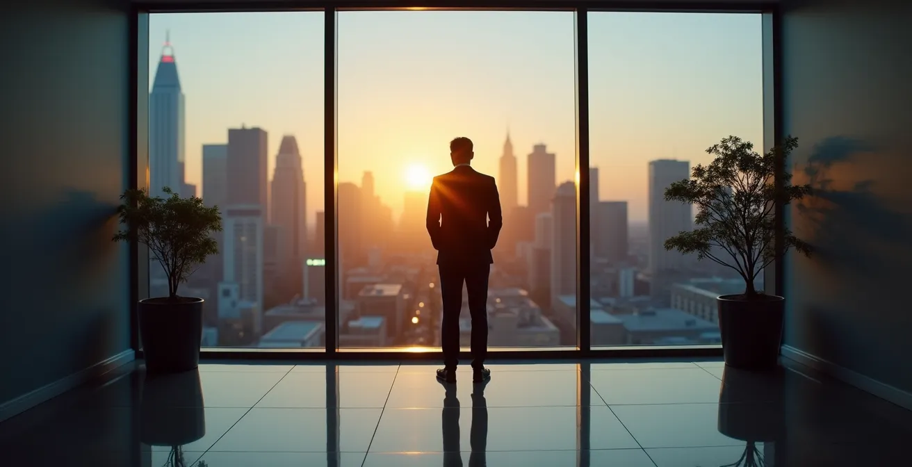 Dirigeant en moment de réflexion solitaire face à une décision importante