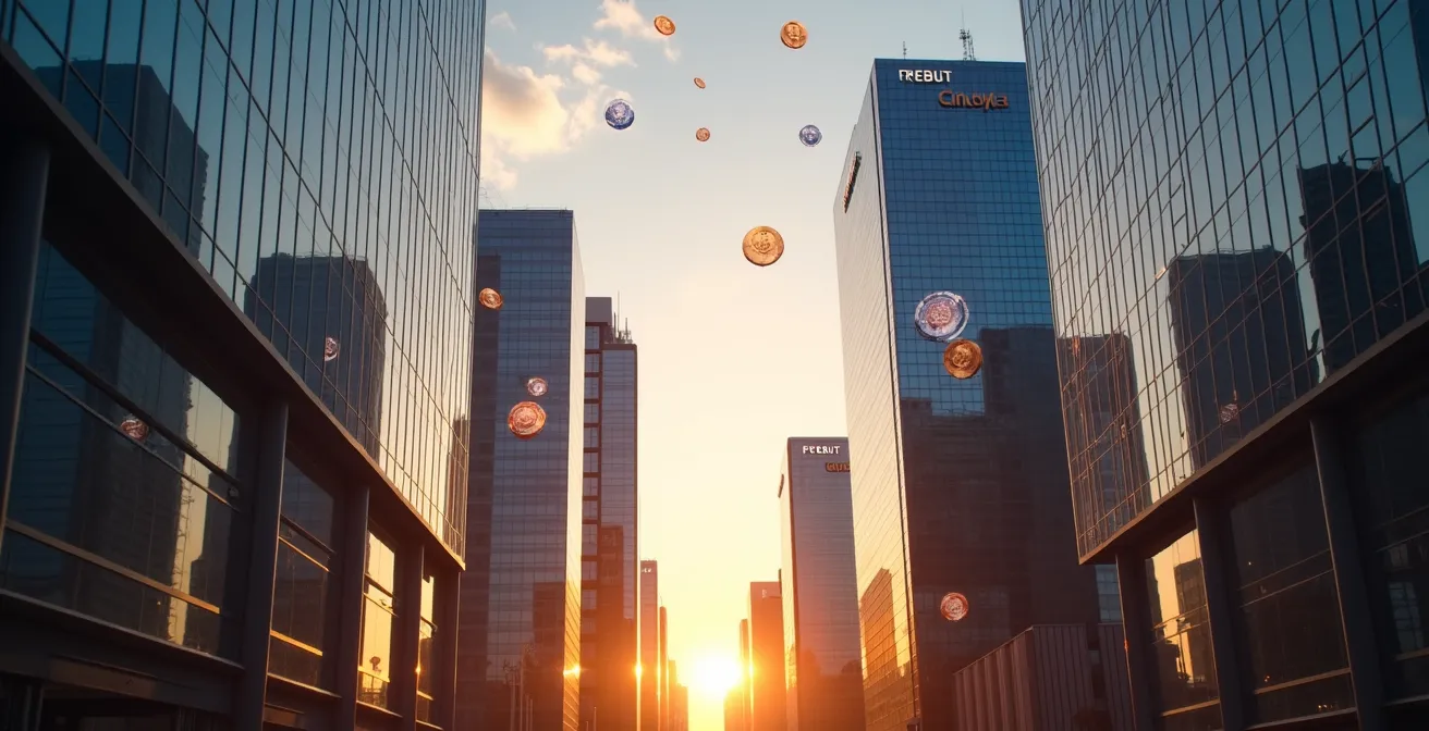 Vue panoramique moderne des bureaux des régulateurs financiers canadiens avec symboles abstraits de crypto-monnaies