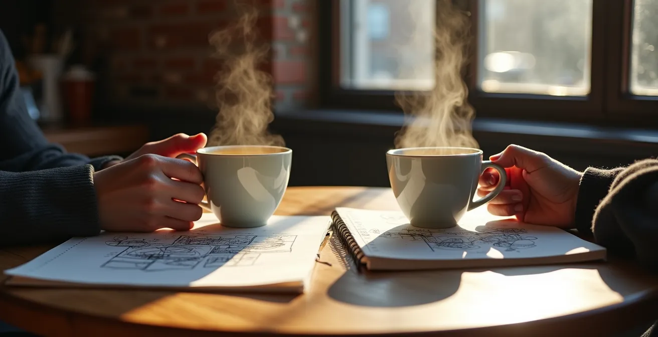Discussion informelle entre mentor et entrepreneur dans un café typique de Montréal