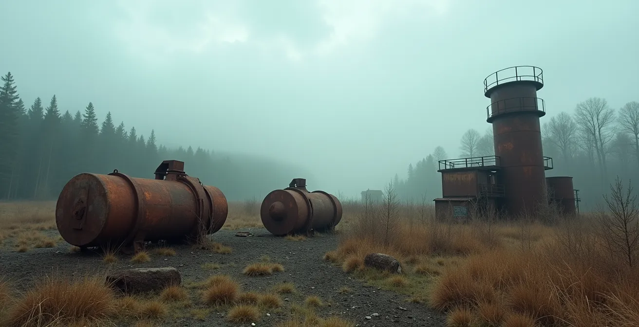 Site industriel abandonné avec barils et équipements rouillés dans un environnement naturel