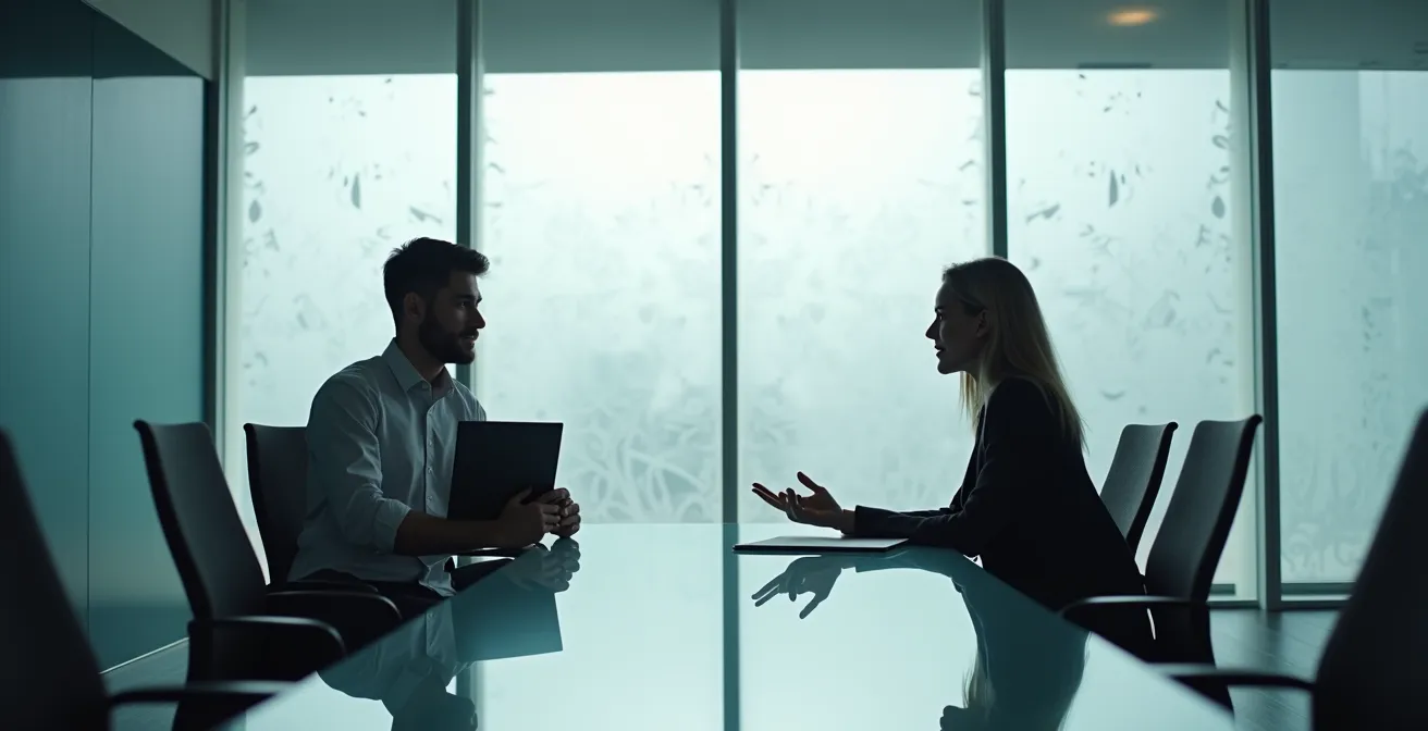 Réunion professionnelle entre entrepreneur et conseiller numérique dans une salle de conférence