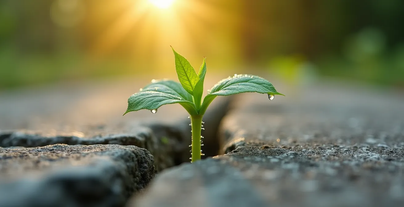 Vue macro d'une plante germant à travers une surface texturée symbolisant la croissance post-incubation