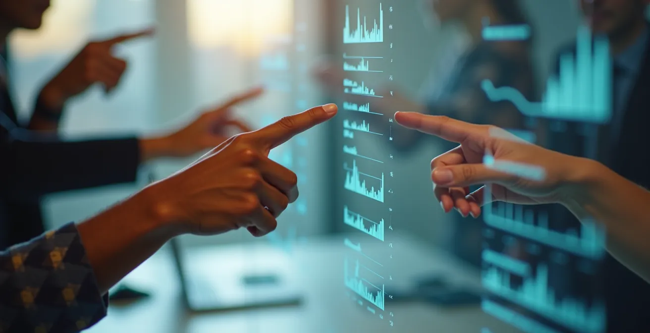 Gros plan sur des mains interagissant avec des interfaces numériques abstraites représentant le sourcing social