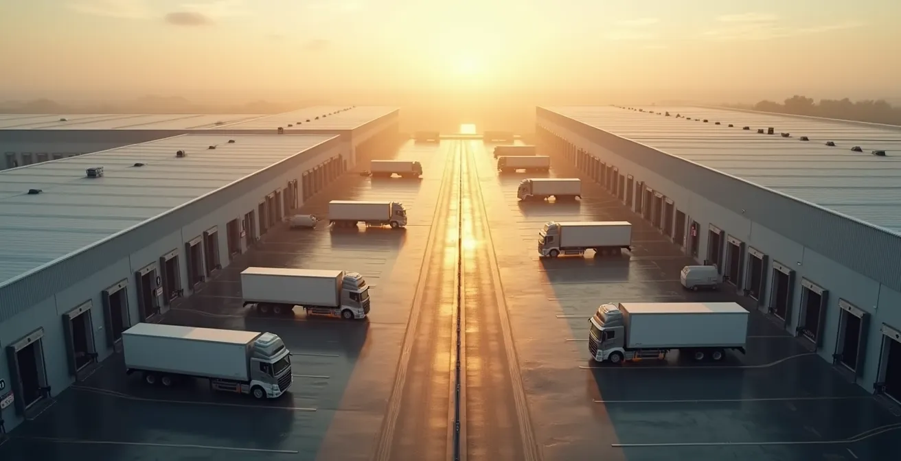Vue aérienne d'un centre de distribution moderne avec camions en chargement