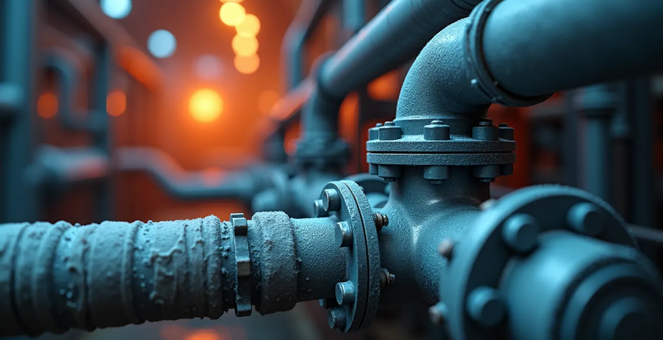 Système de tuyauterie industrielle avec échangeurs de chaleur et isolation thermique visible