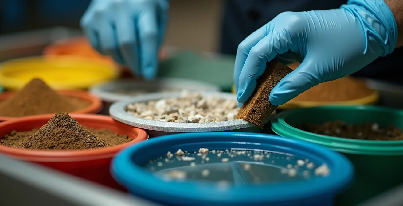 Zone de tri des déchets dangereux avec trois conteneurs de couleurs différentes et employé triant les matières