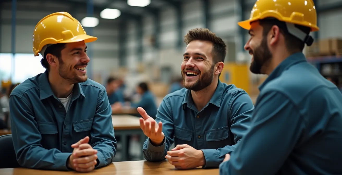 Employés consultant un tableau de bord énergétique interactif dans la cafétéria d'usine