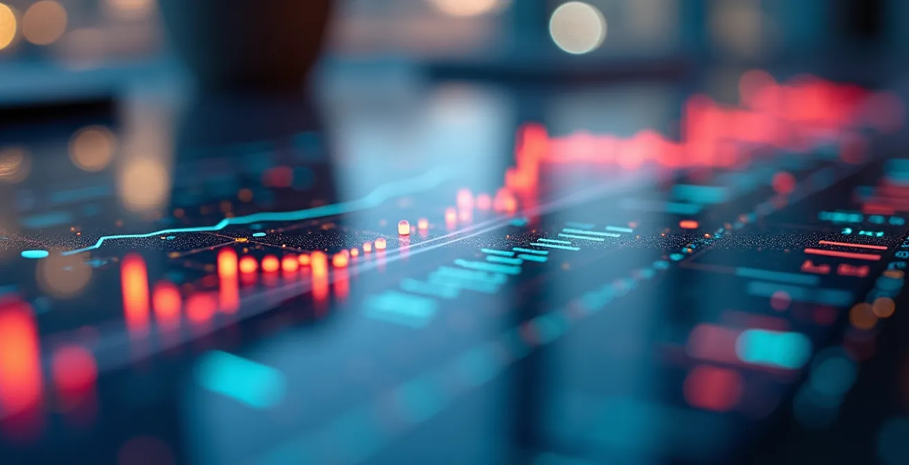 Gros plan sur un bureau moderne avec graphiques abstraits colorés sans texte visible