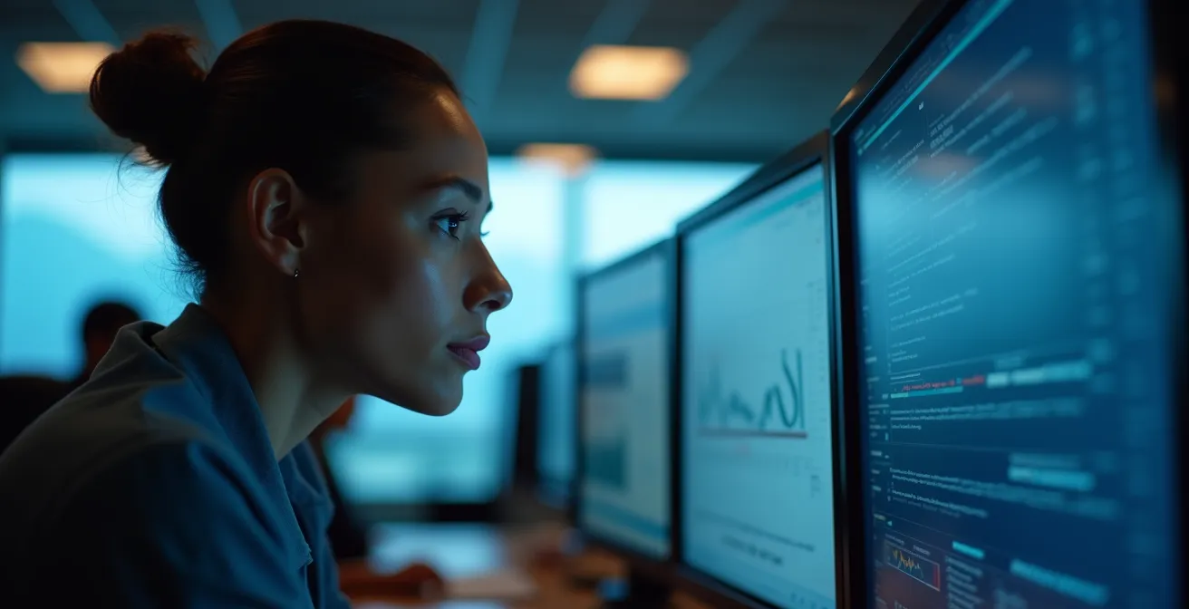 Espace de travail moderne avec système de veille réglementaire sur plusieurs écrans vus de côté