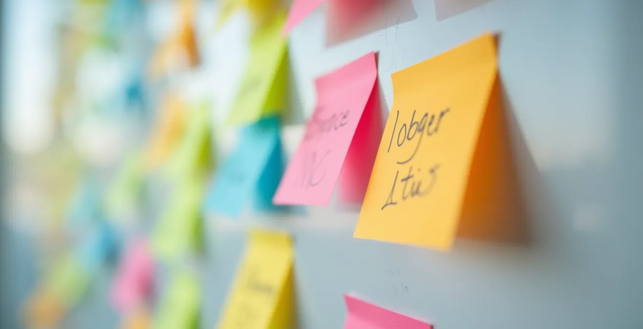Gros plan sur un tableau Kanban physique avec post-its colorés dans un bureau