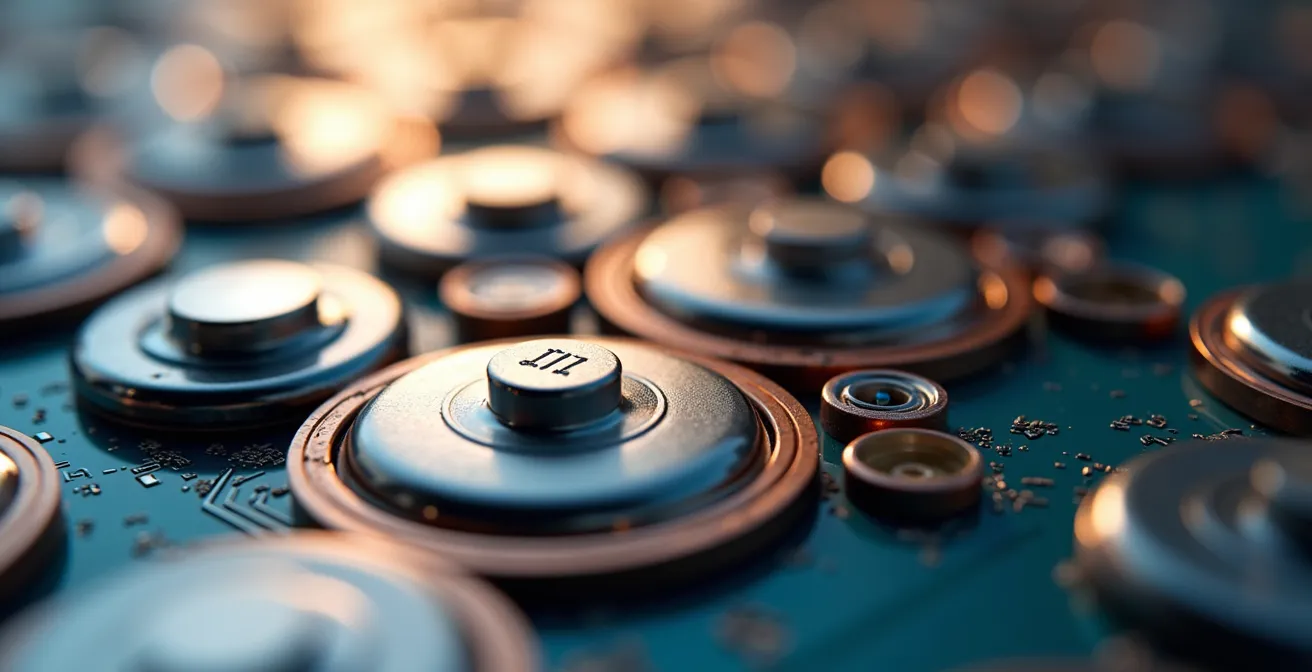 Vue macro de cellules de batteries lithium-ion avec reflets métalliques et textures électrochimiques