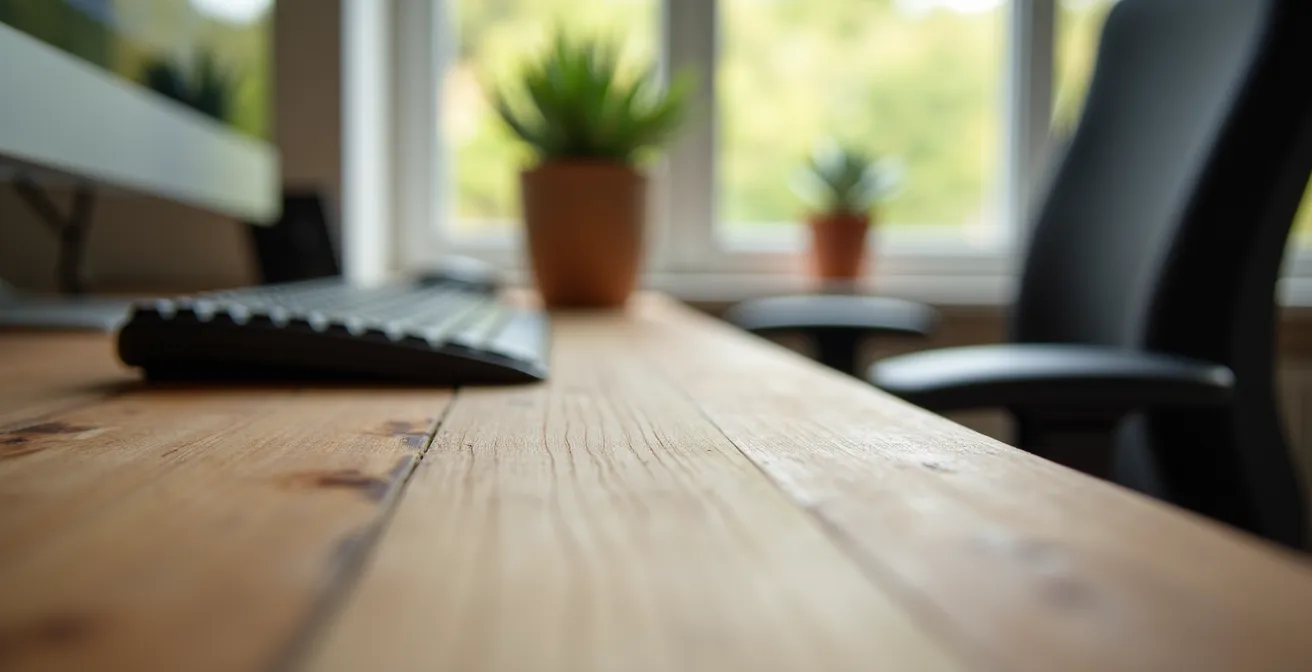 Bureau à domicile moderne avec vue sur paysage canadien, équipement ergonomique et ambiance professionnelle