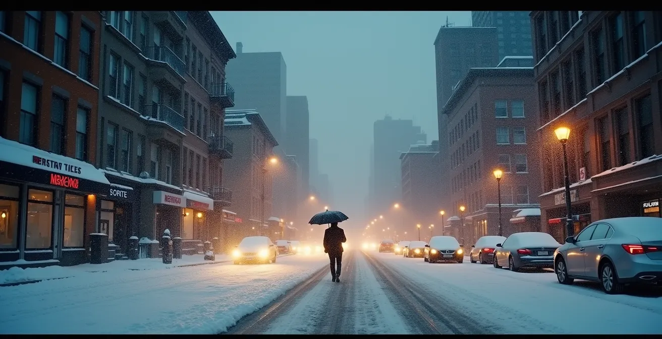 Paysage urbain de Montréal pendant une tempête de neige hivernale avec visibilité réduite