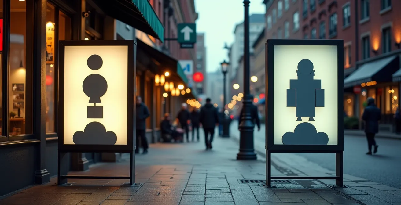 Comparaison visuelle d'enseignes commerciales conformes et non-conformes à la Loi 96 dans une rue commerçante de Montréal