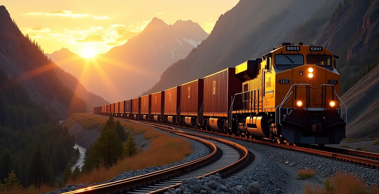 Train de conteneurs traversant les montagnes Rocheuses canadiennes au coucher du soleil