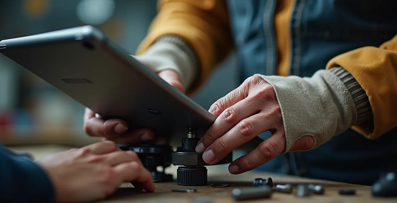 Employé senior montrant un geste technique à un jeune collègue filmant avec une tablette dans un atelier industriel