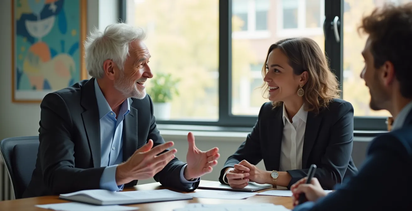 Réunion de transition entre ancien et nouveau dirigeant dans un bureau québécois