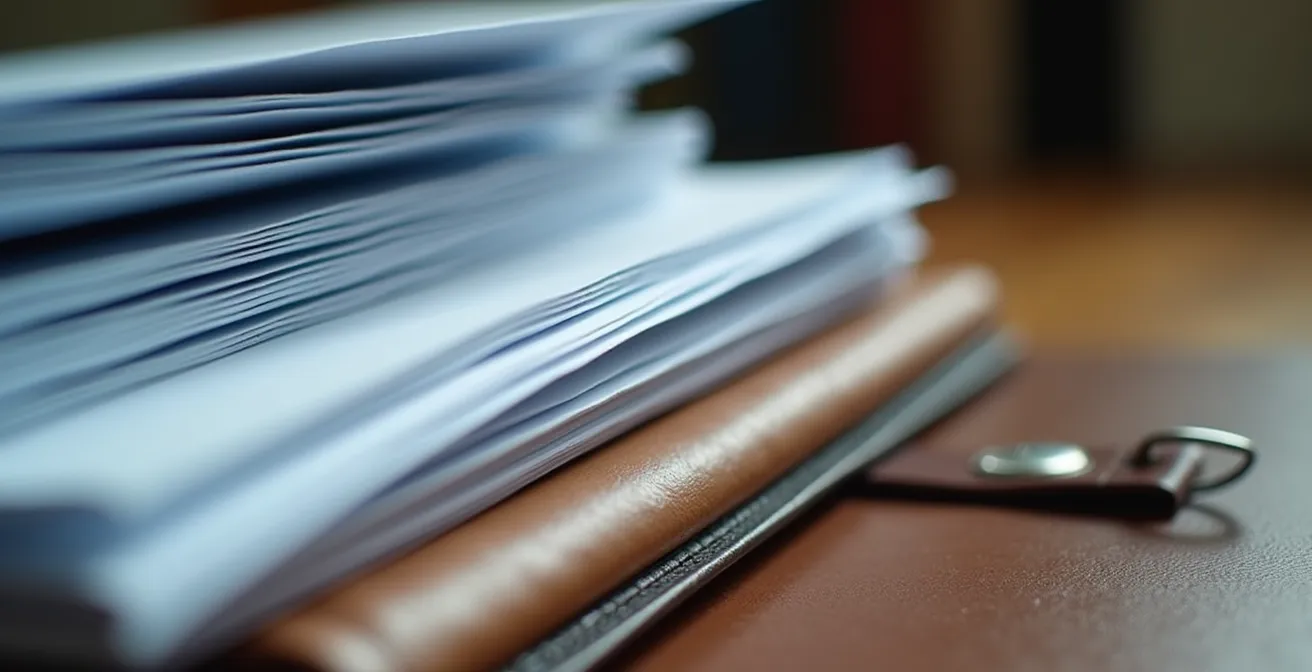 Documents de conformité organisés dans des classeurs sur un bureau professionnel avec lumière naturelle