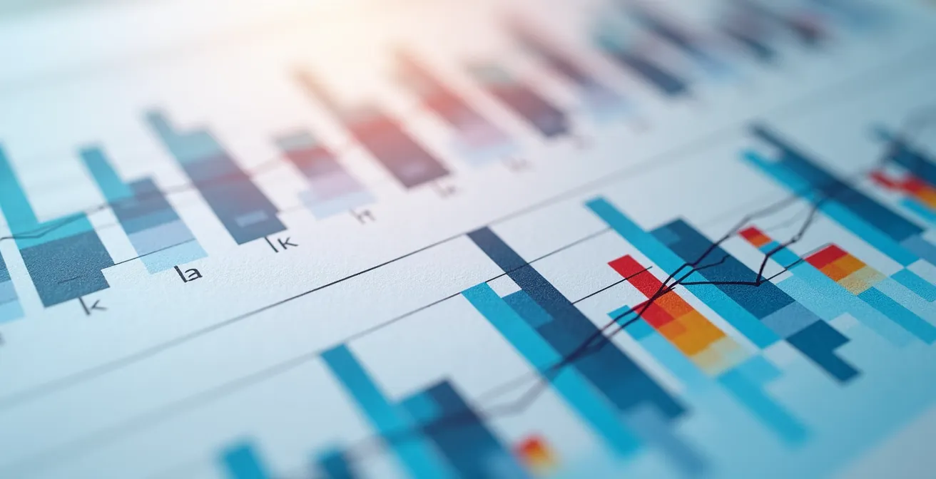 Vue macro détaillée de graphiques colorés et indicateurs de performance sur surface réfléchissante